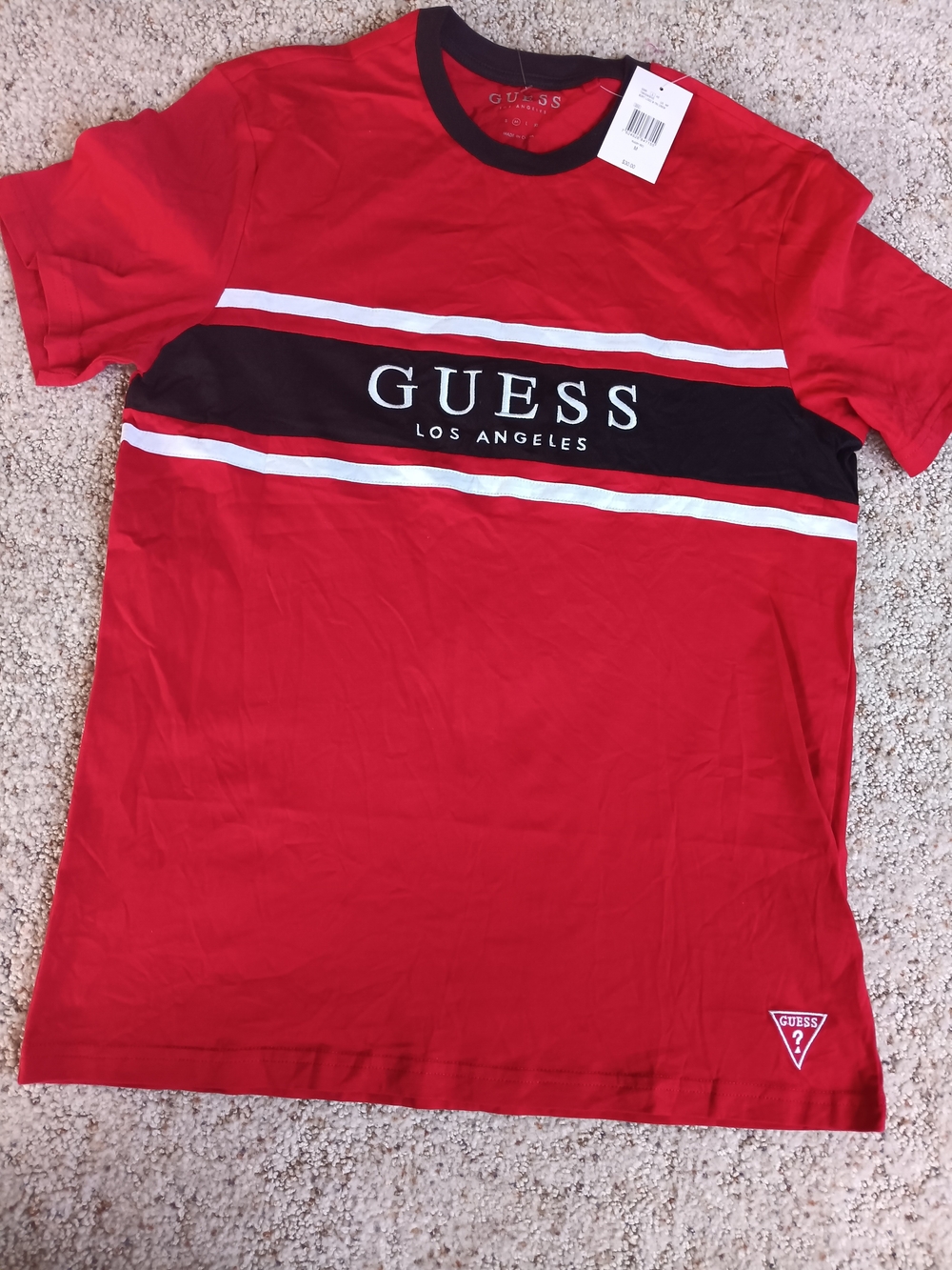 GUESS Red Black White Logo Stripe Crew Tee